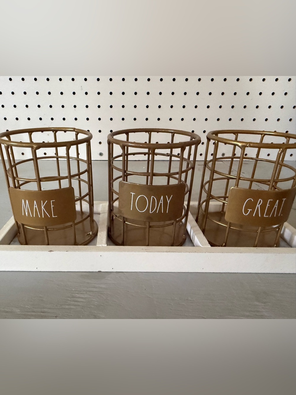 Rae Dunn Gold and White Metal Containers With Tray